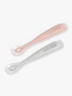 Lot De 2 Cuillères Ergonomiques D'apprentissage + Boîte De Transport BEABA Rose/gris - Beaba -Boutique Bébé lot de 2 cuilleres ergonomiques dapprentissage boite de transport beaba 4